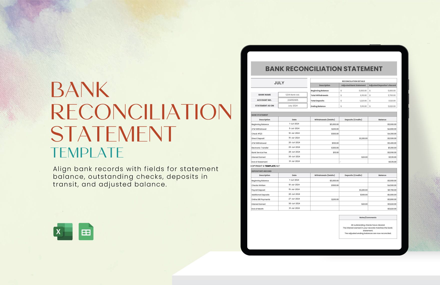 Excel and Sheets Bank Reconciliation Template | Laptop Store
