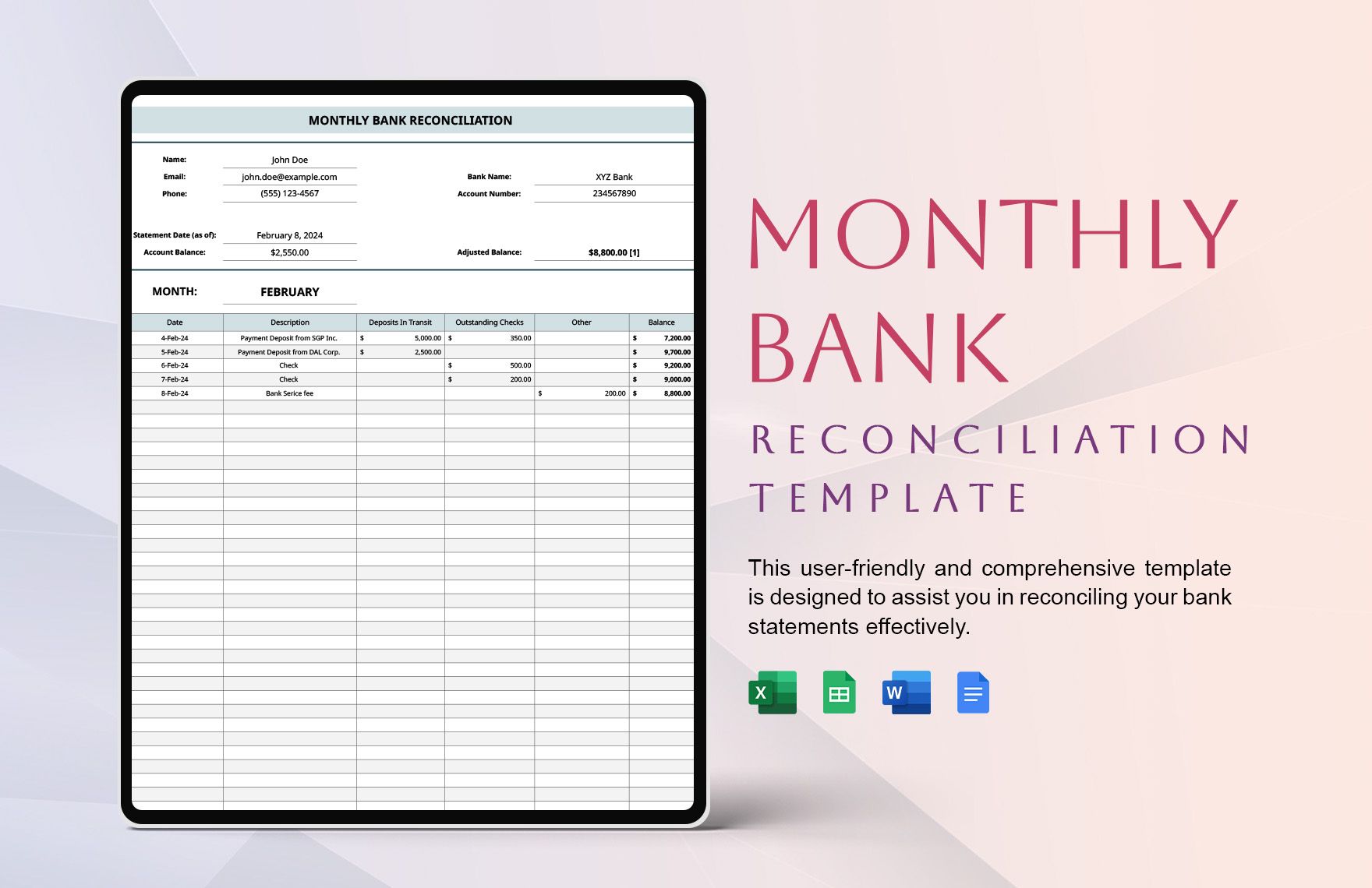 Bank Reconciliation Template Excel Download | Laptop Store